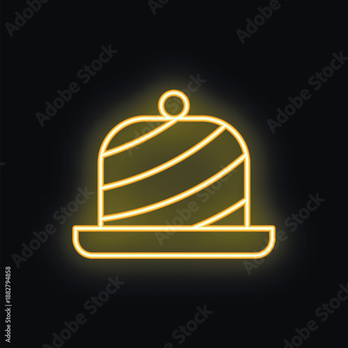 Neon glowing yellow icon of a food dome keeping food warm, isolated on a black background