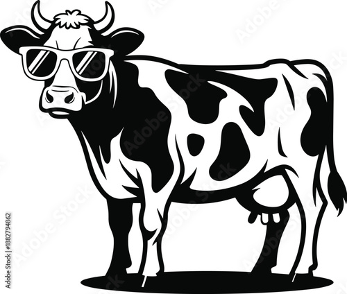Cool cartoon cow wearing sunglasses standing confidently monochrome vector illustration dairy farm animal graphic design element for t-shirts posters prints stickers funny character for children's boo