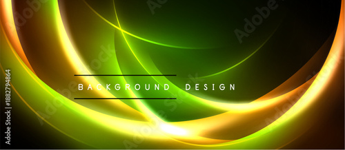 Abstract neon curves create vibrant background. Green, yellow, orange hues blend seamlessly, forming dynamic shapes. Text reads background design.