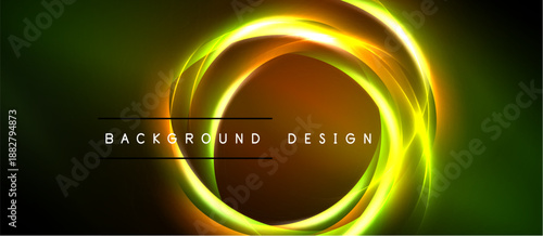 Abstract neon circles over dark background. Bright yellow, orange, green hues create dynamic visual effect. Text reads background design.