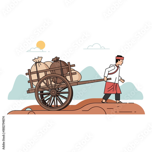 Farmer pulling cart with harvest in rural landscape