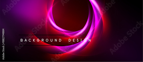 Abstract neon swirls, vibrant magenta, crimson hues dominate dark background. Text reads background design. Modern, dynamic visual.