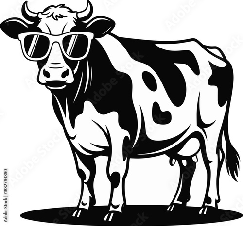 Cool black and white cow wearing sunglasses standing in a minimalist illustration style dairy farm funny character design for t-shirts and posters animal agriculture mascot graphic design for kids and