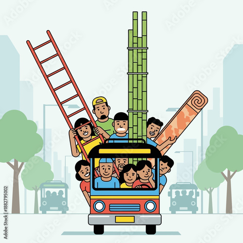 People and cargo crammed into a small bus, overloaded transport concept