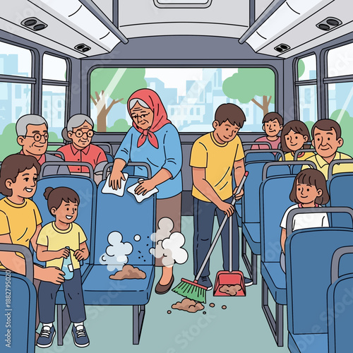 People cleaning bus interior, diverse ages, community effort, public transport