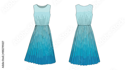Sophisticated sleeveless dress design showcasing a gentle blue ombre fade with elegant pleating from bodice to hem, illustrating contemporary