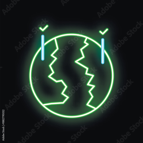 Glowing neon icon of planet earth with a large crack running through it, representing drought and climate change