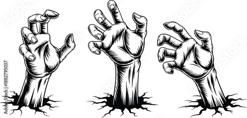 Creepy zombie hands rising from cracked ground vector illustration set for halloween horror theme spooky haunted design scary undead monster hands reaching out in graveyard scene for poster or invitat