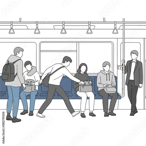 People commuting on a subway train, illustration style