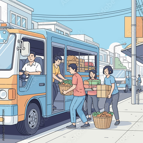 People unloading fresh produce from a bus on a city street.