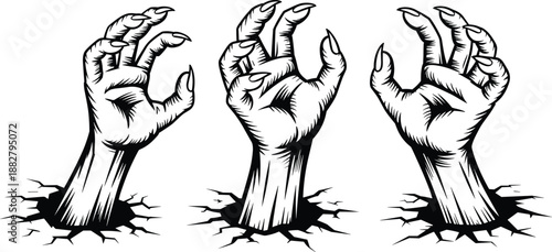 Creepy monster hands rising from cracked ground horror scene spooky zombie hands rising from the grave halloween background terrifying clawed fingers reaching out from earth for horror themed designs