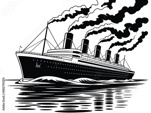Monochrome illustration of vintage ocean liner cruising on water with smokestacks emitting smoke historic cruise ship black and white artwork of 20th century passenger vessel travel and tourism mariti