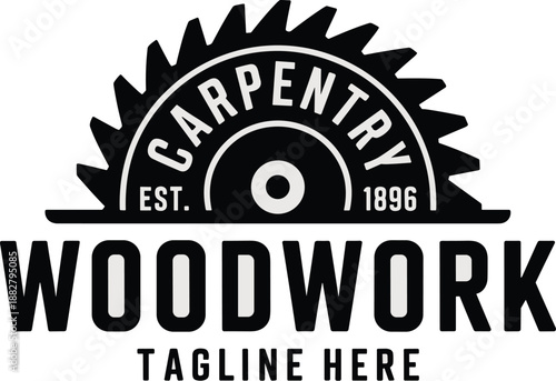 Vintage carpentry woodwork logo design featuring circular saw blade icon professional craftsman emblem for woodworking industry construction and renovation projects retro style graphic template vector