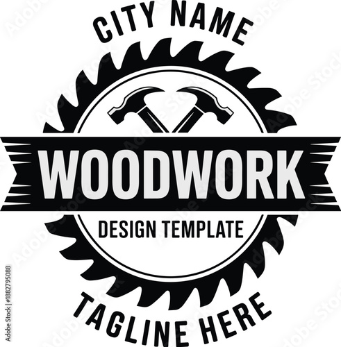 Woodwork design template with crossed hammers and saw blade illustration for carpentry woodworking industry logo vintage emblem repair shop construction company branding creative graphic design resour