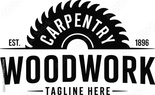 Vintage Woodwork Carpentry Logo Design with Circular Saw Blade Illustration for Professional Woodworking Business Branding and Creative Carpentry Workshop Identity Construction Company and DIY Project