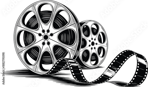 Vintage Film Reels Unspooling in Retro Style Illustration for Cinema Industry Nostalgia Classic Movie Production and Entertainment Projects Old Fashioned Filmaking Equipment Design Element for Theatri