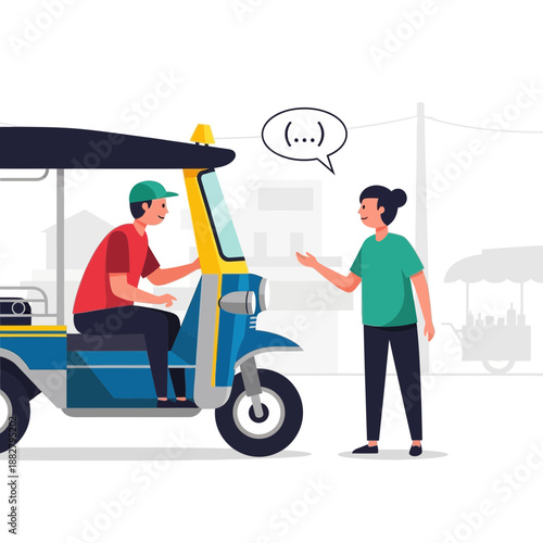 Tuk-tuk driver and passenger talking on street