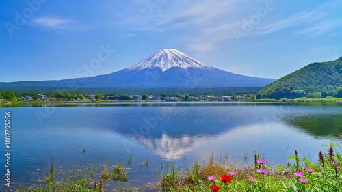 Majestic Mount Fuji Reflection Calm Lake Serene Landscape Snow- Capped Peak Vibrant Flowers Lush Greenery Blue Sky Sunny Day Peaceful Nature Scenery Iconic Landmark Travel Destination Japan Tourism
