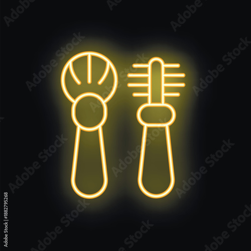 Neon icon of whisk and melon baller kitchen utensils glowing on black background
