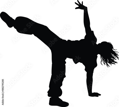 Dynamic black silhouette of female breakdancer performing handstand stunt with expressive arm movement artistic street dance illustration for creative projects hip hop culture and urban lifestyle grap