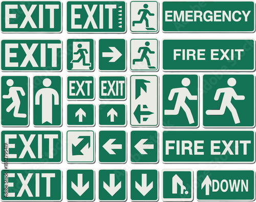 Emergency Exit Signs Collection for Workplace Safety and Evacuation Guidance Green and White Evacuation Route Arrow Directional Signage for Building Security Regulations Compliance and Safety Protocol