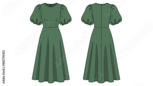 Elegant Green Puff Sleeve Midi Dress Fashion Technical Flat Design for Apparel Production