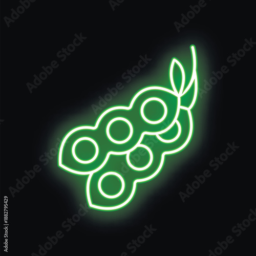 Green neon sign showing string beans glowing on black background