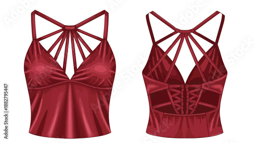Deep red satin camisole showcasing an elaborate multi-strap front neckline and a sophisticated crisscross lace-up back design. A modern, elegant top