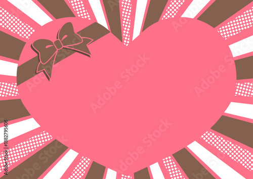 放射線背景とリボンがかかったハート型のバレンタイン用メッセージフレーム　ベクターイラスト　A4横