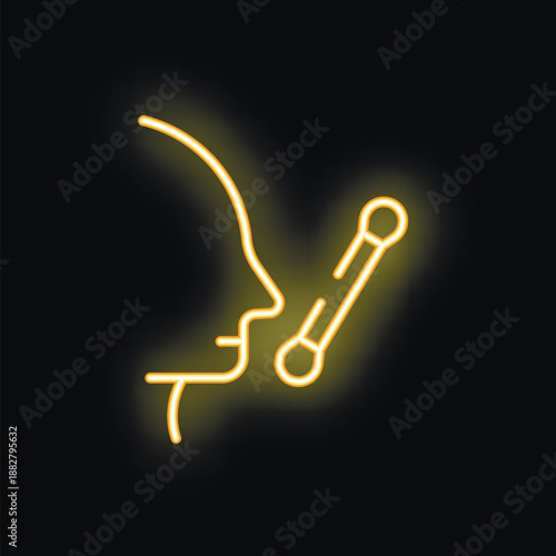 Neon glowing yellow icon of a person getting their temperature taken with a thermometer