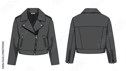 Detailed fashion flat sketch of a contemporary cropped biker jacket design showcasing front and back views with precise zippered closures and wide