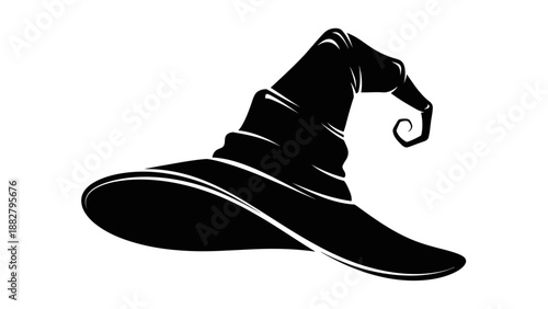 A black silhouette of a classic witch's hat with a wide brim and a pointed, curled crown, isolated on a white background.