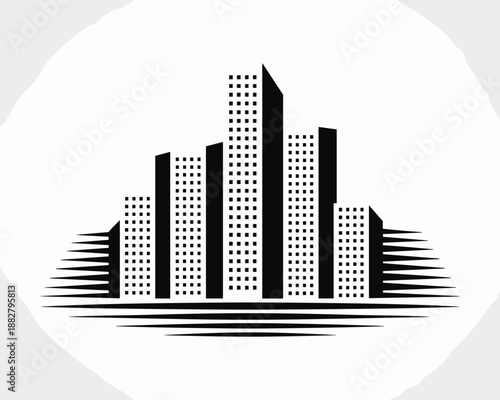 Modern black and white city skyline vector illustration of tall buildings with square windows and horizontal lines creating abstract urban landscape for real estate company marketing materials and arc