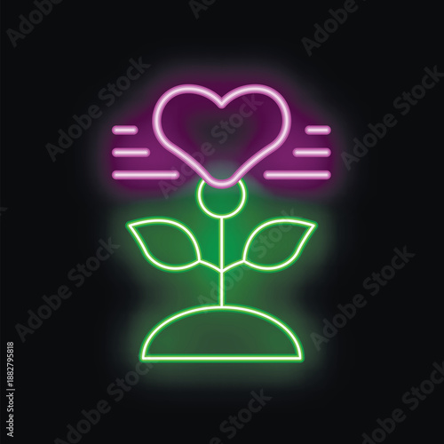 Neon sign of a plant growing with a heart at the top, symbolizing love growing stronger