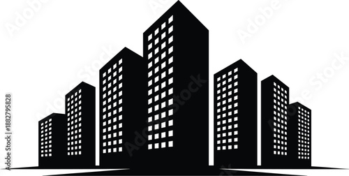 Modern city skyline silhouette illustration of black and white buildings in urban downtown financial district landscape for real estate development corporate construction planning architecture and pro