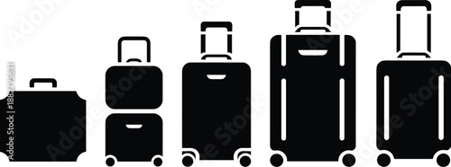 Black suitcase set travel baggage luggage collection different size rolling suitcase vacation trip journey icon symbol illustration for tourism industry airline company travel agency website or mobile