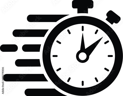 Fast moving stopwatch icon in black and white for delivery service time management and productivity deadline urgency vector illustration for business project startup countdown speed concept graphic de