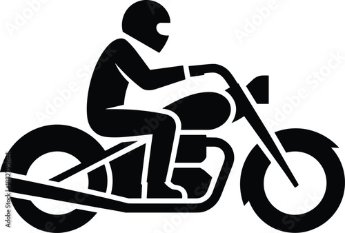 Bold black motorcycle rider icon symbol graphic vector illustration of biker riding motorbike on open road adventure lifestyle simple clean design element for transportation travel website or app icon