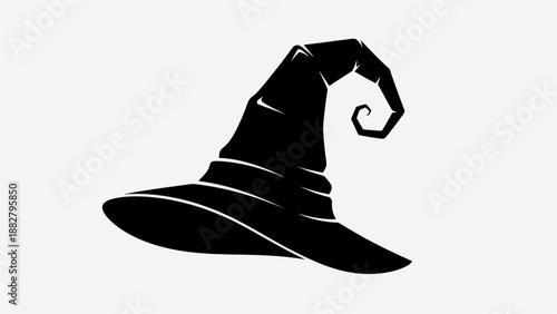A black silhouette of a classic witch hat with a pointed, curled top and a wide brim, isolated on a white background.
