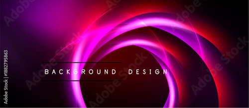 Abstract neon circles, vibrant pinks, reds over black background. Modern design element, dynamic lighting effect. Simple text overlay present.