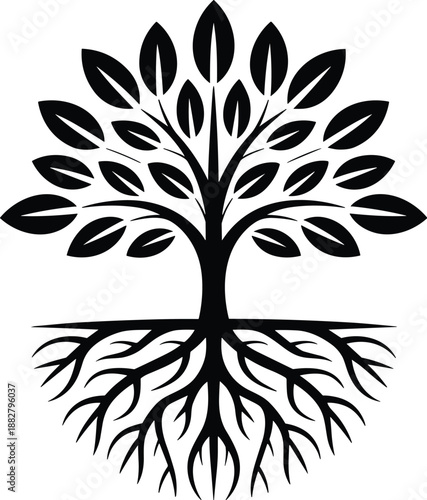 Stylized black tree with leaves and roots illustration for nature conservation environment protection or family genealogy concept tree of life symbol on clean background for organic product branding g