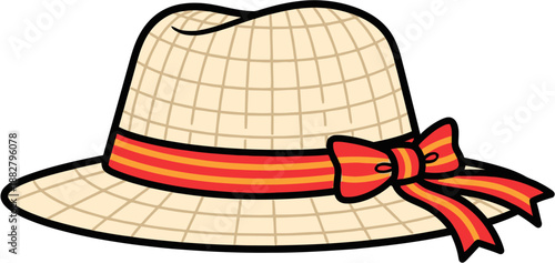 A light-colored straw hat with a checkered pattern and a decorative red and orange striped ribbon tied into a bow.