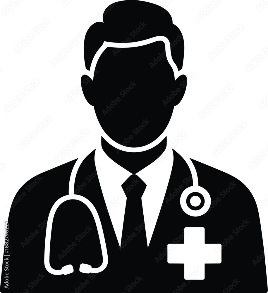 Obraz premium Professional black silhouette of medical doctor with stethoscope for healthcare industry presentation vector illustration physician in uniform design template for medical website telemedicine concept