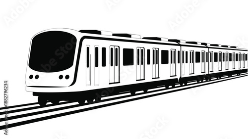 Modern subway train illustration speeding on tracks public transportation vehicle black and white minimalist design urban transit system for city travel transportation infrastructure projects and trav