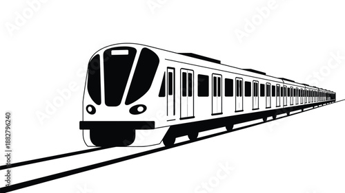 Modern electric train traveling on tracks monochrome illustration city transportation system metro subway vehicle design railway travel transport technology concept rapid transit for transportation pr