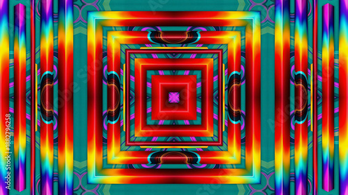 Bright abstract geometric artwork with layered geometric shapes in neon red, turquoise, yellow, and magenta colors, forming a symmetrical kaleidoscopic pattern.