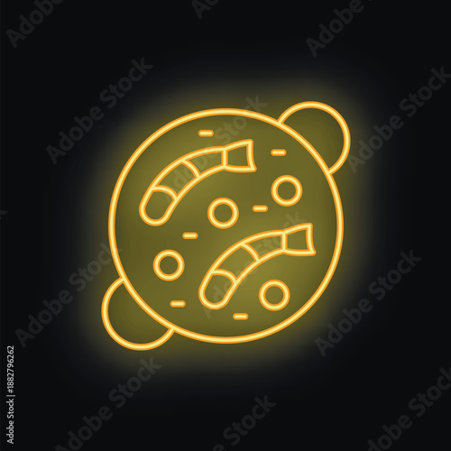 Yellow neon icon of a paella pan with shrimps and peas, on a black background