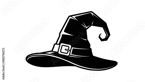 A black and white illustration of a classic witch's hat with a pointed crown and a buckled band.