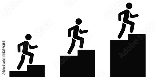 Stylized stick figures climbing stairs steps towards success achievement progress in minimalist black and white illustration for business corporate development personal growth leadership career path p