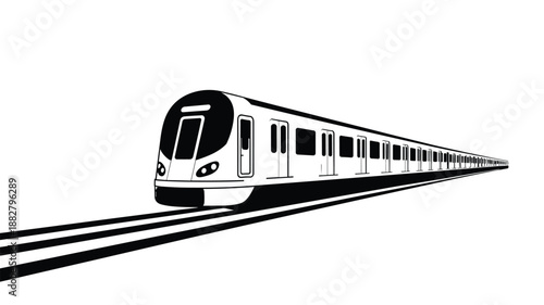 Modern high speed train subway metro in motion on railway track minimal black and white illustration for urban transportation infrastructure projects public transit system promotional materials travel